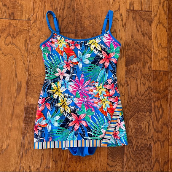 Into the Bleu by Amerex One Piece Swimsuit Dress Blue Floral Size 6 - Picture 2 of 8